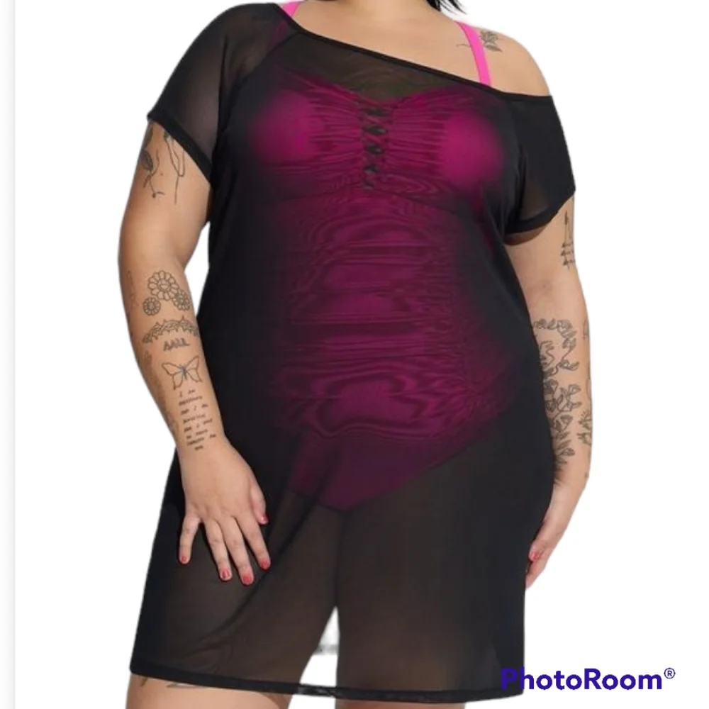 Torrid Black Mesh Swim Off Shoulder Cover Up Dress 2X NWT